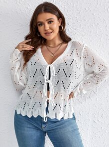 Calvaya Plus Tie Front Pointelle Knit Drop Shoulder Scallop Trim Cardigan - White - View 1