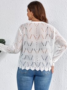 Calvaya Plus Tie Front Pointelle Knit Drop Shoulder Scallop Trim Cardigan - White - View 2