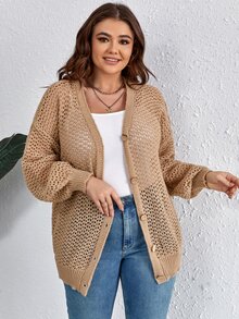 SHEIN LUNE áo hở cổ kích thước lớn cắt Nút phía trước màu trơn Giải trí - Lạc đà - Xem 4