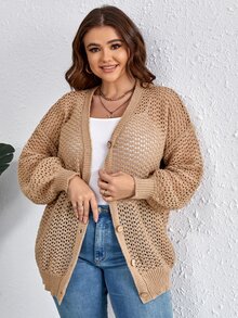 SHEIN LUNE áo hở cổ kích thước lớn cắt Nút phía trước màu trơn Giải trí - Lạc đà - Xem 5