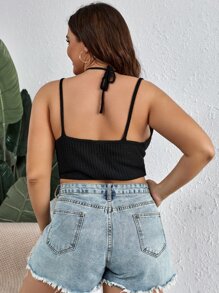 Calvaya Plus Lace Up Front Crop Cami Knit Top - Black - View 2