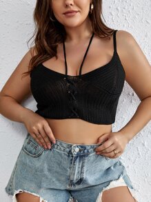 Calvaya Plus Lace Up Front Crop Cami Knit Top - Black - View 5