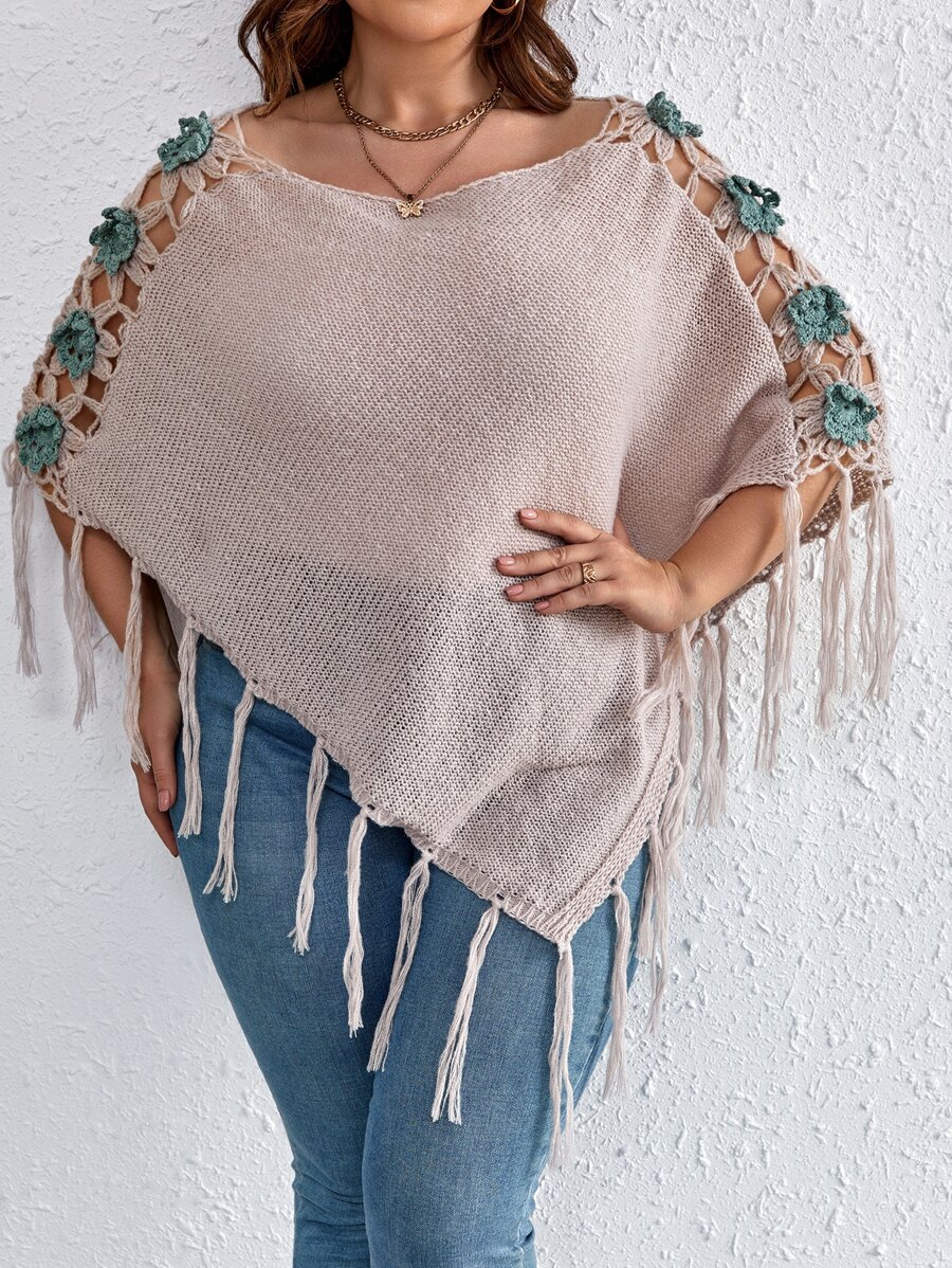 SHEIN Holidaya Plus Appliques Fringe Trim Boat Neck Knit Poncho - Khaki - View 1