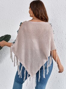 SHEIN Holidaya Plus Appliques Fringe Trim Boat Neck Knit Poncho - Khaki - View 2