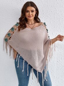 SHEIN Holidaya Plus Appliques Fringe Trim Boat Neck Knit Poncho - Khaki - View 3