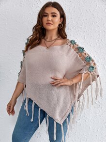 SHEIN Holidaya Plus Appliques Fringe Trim Boat Neck Knit Poncho - Khaki - View 4