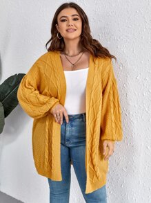 Calvaya Plus Cable Knit Drop Shoulder Duster Cardigan - Mustard Yellow - View 3