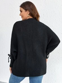 Calvaya Plus Size Lace Up Detail Batwing Sleeve Cardigan - Black - View 2