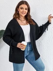 Calvaya Plus Size Lace Up Detail Batwing Sleeve Cardigan - Black - View 3
