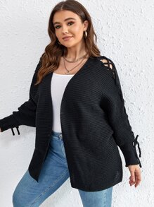 Calvaya Plus Size Lace Up Detail Batwing Sleeve Cardigan - Black - View 4