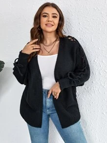 Calvaya Plus Size Lace Up Detail Batwing Sleeve Cardigan - Black - View 5