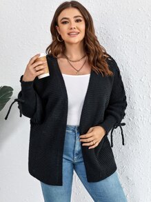 Calvaya Plus Size Lace Up Detail Batwing Sleeve Cardigan - Black - View 6