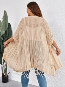 SHEIN LUNE Plus Batwing Sleeve Fringe Trim Duster Cardigan - Apricot - View 2