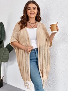 SHEIN LUNE Plus Batwing Sleeve Fringe Trim Duster Cardigan - Apricot - View 3