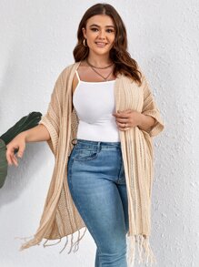 SHEIN LUNE Plus Batwing Sleeve Fringe Trim Duster Cardigan - Apricot - View 4