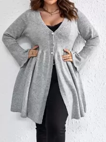 SHEIN LUNE 大碼前紐扣開襟衫 - 灰色 - 查看 1