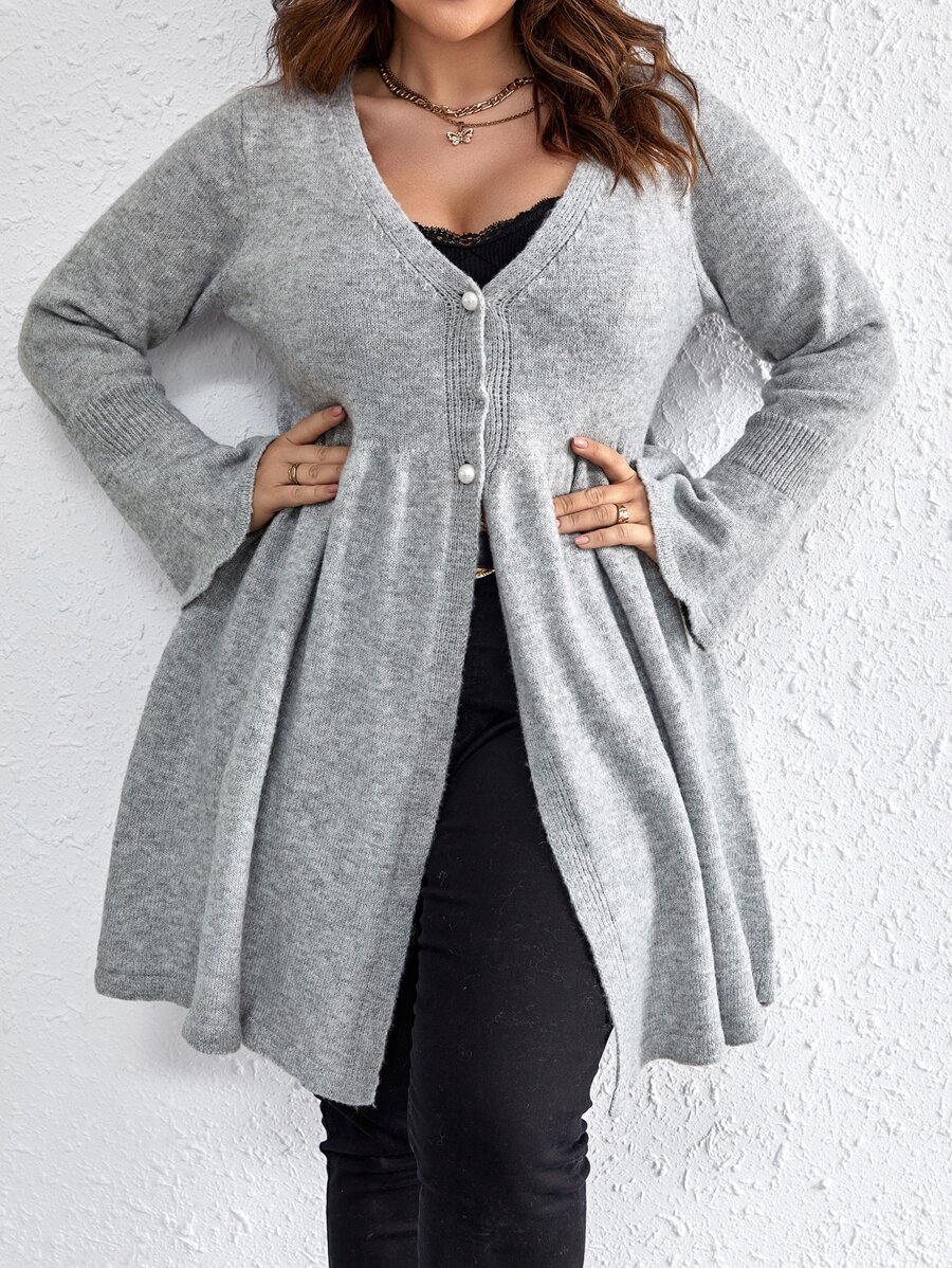 SHEIN LUNE 大碼前紐扣開襟衫 - 灰色 - 查看 1