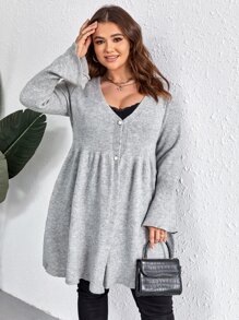 SHEIN LUNE 大碼前紐扣開襟衫 - 灰色 - 查看 5