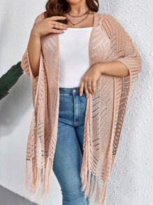 SHEIN VCAY Plus Fringe Hem Batwing Sleeve Open Knit Poncho - Coral Pink - View 1