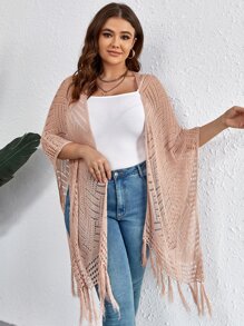 SHEIN VCAY Plus Fringe Hem Batwing Sleeve Open Knit Poncho - Coral Pink - View 3