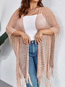 SHEIN VCAY Plus Fringe Hem Batwing Sleeve Open Knit Poncho - Coral Pink - View 4