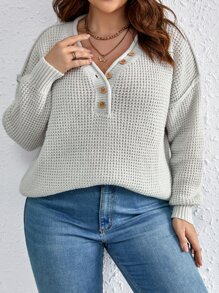 SHEIN LUNE Áo len Plus Size Nút phía trước màu trơn Giải trí - Màu Xám nhạt - Xem 1