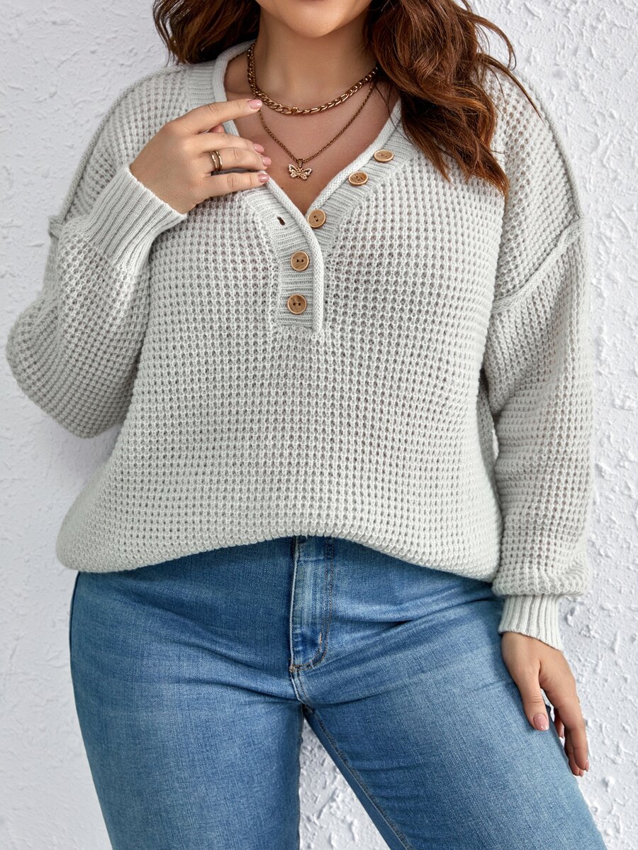 SHEIN LUNE Áo len Plus Size Nút phía trước màu trơn Giải trí - Màu Xám nhạt - Xem 1