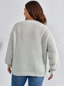 SHEIN LUNE Áo len Plus Size Nút phía trước màu trơn Giải trí - Màu Xám nhạt - Xem 2