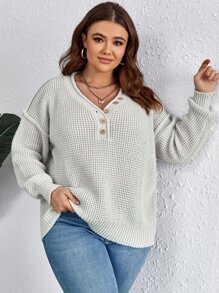 SHEIN LUNE Áo len Plus Size Nút phía trước màu trơn Giải trí - Màu Xám nhạt - Xem 3