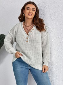SHEIN LUNE Áo len Plus Size Nút phía trước màu trơn Giải trí - Màu Xám nhạt - Xem 4