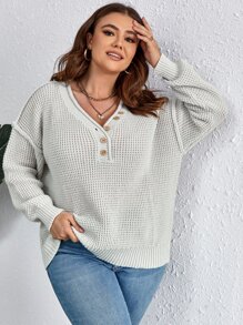 SHEIN LUNE Áo len Plus Size Nút phía trước màu trơn Giải trí - Màu Xám nhạt - Xem 5