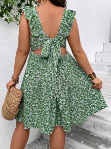 SHEIN VCAY Vestido con estampado floral de espalda abierta con cordón ribete con fruncido - Multicolor - Ver 2