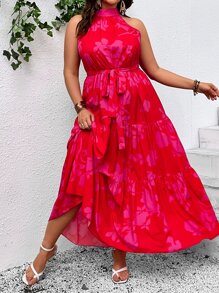 SHEIN VCAY Plus Floral Print Ruffle Hem Belted Halter Dress