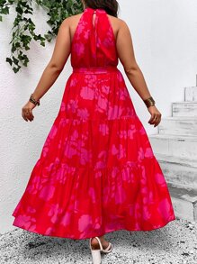 SHEIN VCAY Plus Floral Print Ruffle Hem Belted Halter Dress