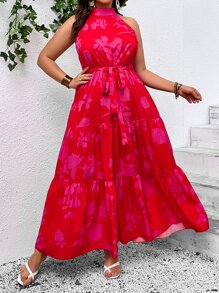 SHEIN VCAY Plus Floral Print Ruffle Hem Belted Halter Dress