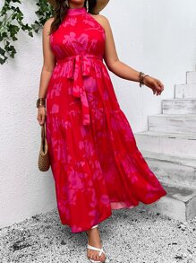 SHEIN VCAY Plus Floral Print Ruffle Hem Belted Halter Dress