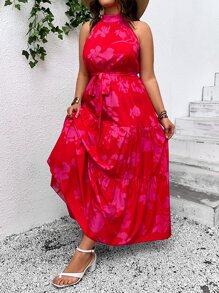 SHEIN VCAY Plus Floral Print Ruffle Hem Belted Halter Dress