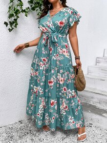 SHEIN Clasi Vestido con estampado floral, mangas de mariposa, volantes en el bajo y con cinturón para verano talla grande - Multicolor - Ver 3