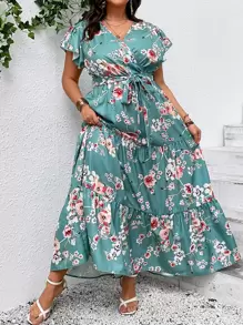 SHEIN Clasi Vestido con estampado floral, mangas de mariposa, volantes en el bajo y con cinturón para verano talla grande - Multicolor - Ver 4