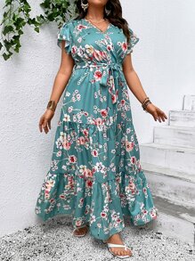 SHEIN Clasi Vestido con estampado floral, mangas de mariposa, volantes en el bajo y con cinturón para verano talla grande - Multicolor - Ver 6