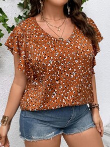 SHEIN LUNE Plus Allover Print Butterfly Sleeve Blouse - Multicolor - View 4