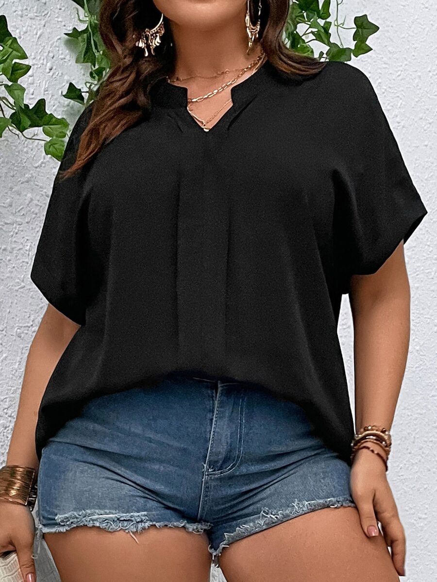 SHEIN LUNE Blusa de cuello notch de manga murciélago popover - Negro - Ver 1