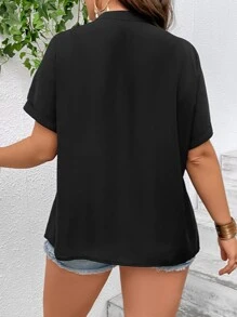 SHEIN LUNE Blusa de cuello notch de manga murciélago popover - Negro - Ver 2