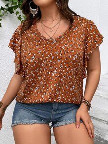 SHEIN LUNE Plus Allover Print Butterfly Sleeve Blouse - Multicolor - View 6