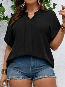 SHEIN LUNE Blusa de cuello notch de manga murciélago popover - Negro - Ver 5