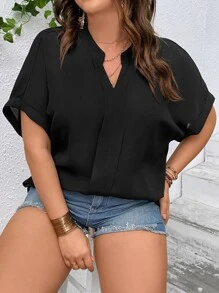 SHEIN LUNE Blusa de cuello notch de manga murciélago popover - Negro - Ver 6