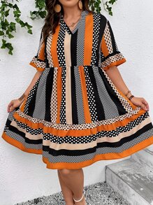 SHEIN VCAY Vestido con estampado de lunares y rayas de manga con volante bajo con fruncido