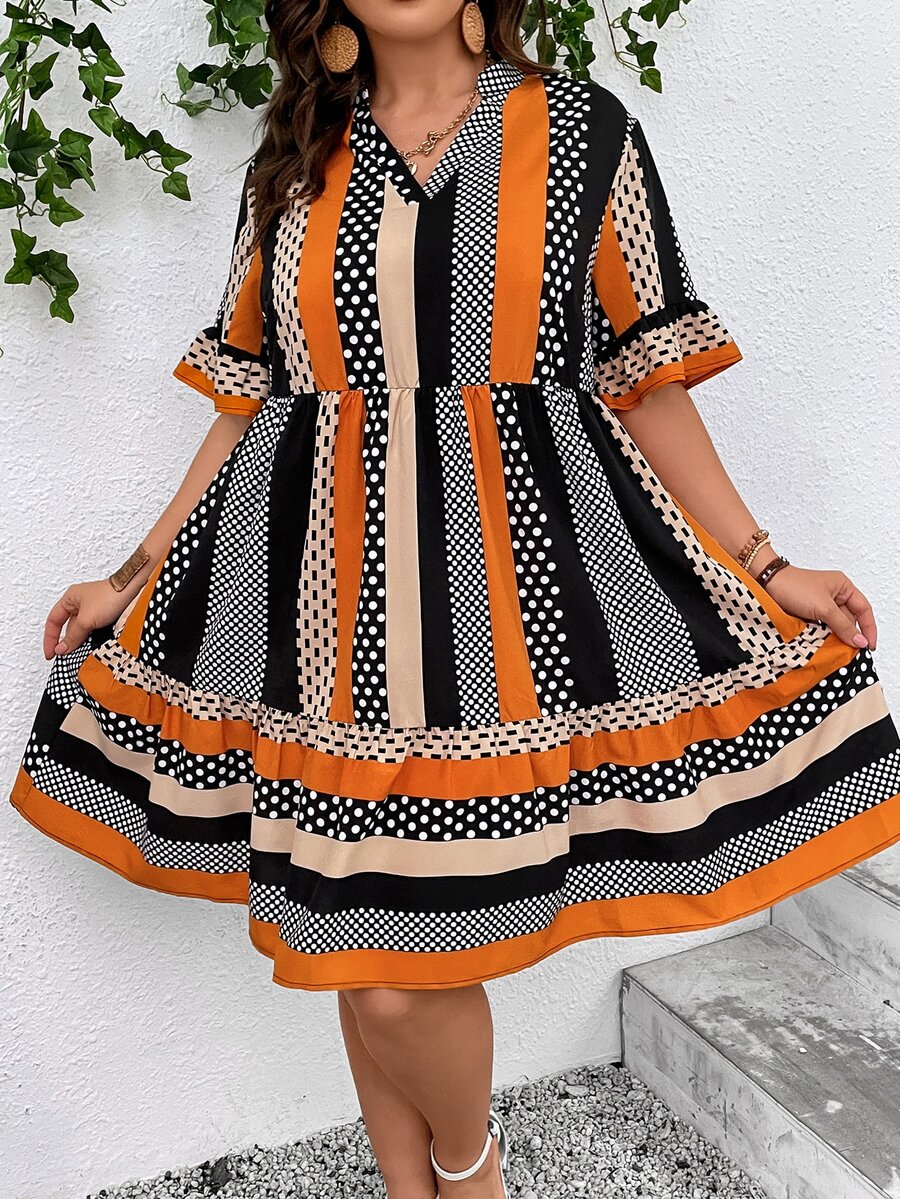 SHEIN VCAY Vestido con estampado de lunares y rayas de manga con volante bajo con fruncido