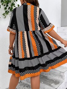 SHEIN VCAY Vestido con estampado de lunares y rayas de manga con volante bajo con fruncido