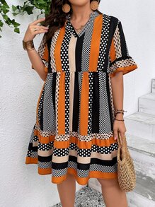 SHEIN VCAY Vestido con estampado de lunares y rayas de manga con volante bajo con fruncido